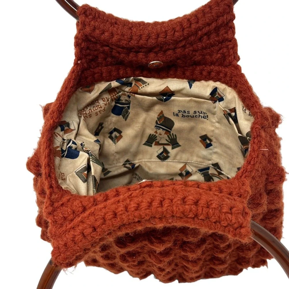 Crochet Purse‎ Women's Vintage Burnt Orange Bobble Bag Plastic Circle Handles